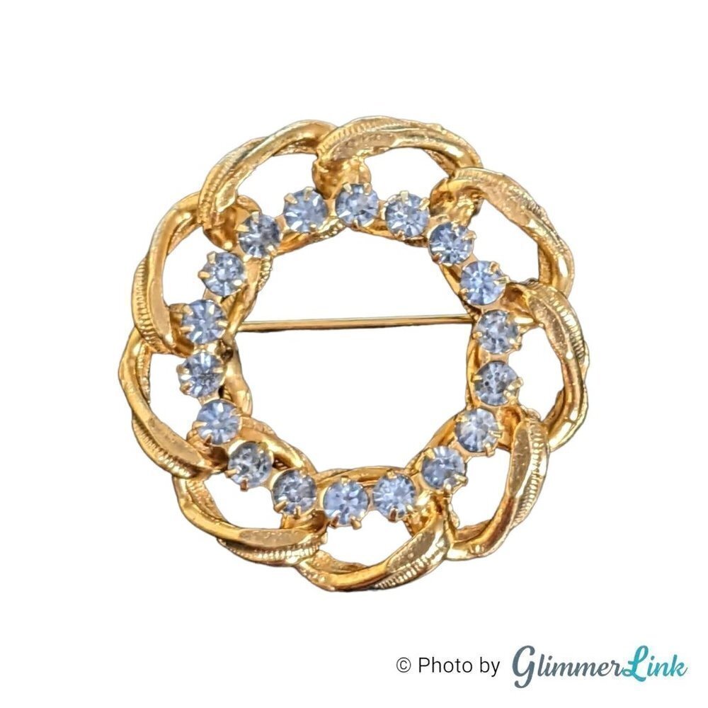 Vintage Blue Rhinestones Chain Link Circle Wreath Gold Tone Brooch